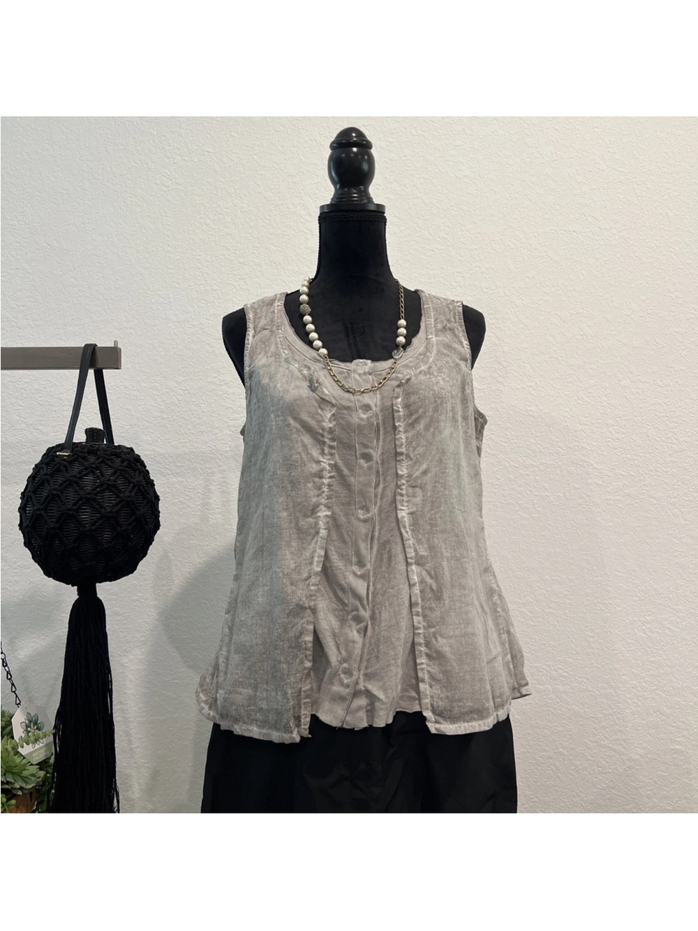 Washed Gray Sleeveless Linen-Blend Tank Top